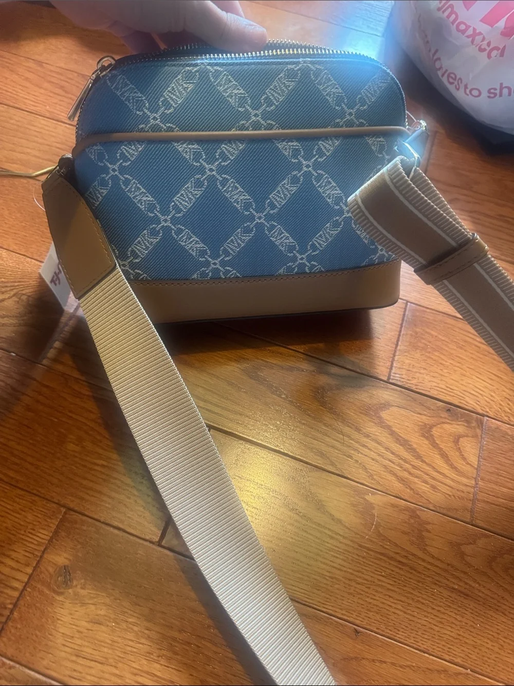 Michael Kors Blue Denim Logo Crossbody with Cream Base and Gold Accents